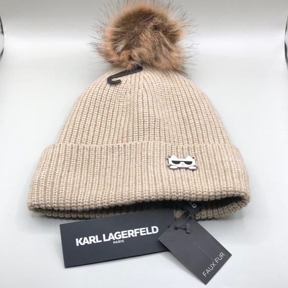 Karl Lagerfield knit hat pom beanie cat logo faux fur lined winter NEW - Picture 1 of 9